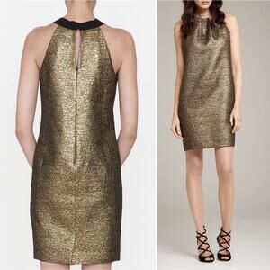 LK Bennett DR Thelda Gold‎ Metallic Jacquard Shift Dress Size 2
